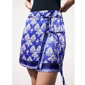 Zara Paisley Printed Sarong Mini Skirt with Button Fasten in Blue